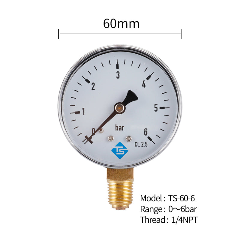 TS-60-6 60mm Large Dial Pressure Gauge 0-6 Bar Water / Gas / Air Pressure Gauge Compressor 1 / 4inch NPT Bottom Mount TS-60-6 60mm Large Dial Pressure Gauge 0-6 Bar Water / Gas / Air Pressure Gauge Compressor 1 / 4inch NPT Bottom Mount